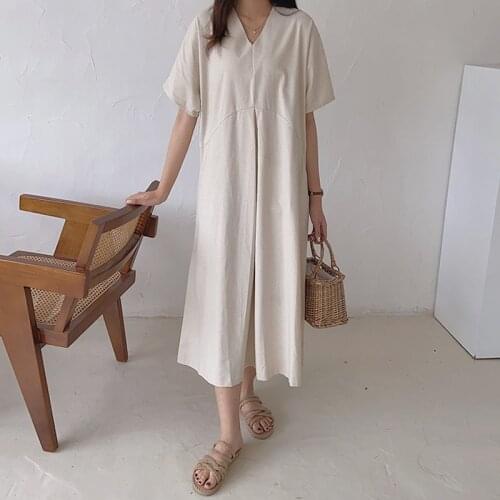 Korean Womens Summer Casual Dress V-neck Loose Dresses Solid Short Sleeve Long Straight Dress Fashion Female Dress