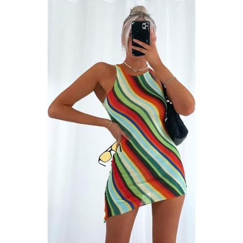 Sexy Backless Halter Dress Fashion Mini Bodycon Dress Party Club Casual Striped Beachwear Knitted Tank Dresses Women Summer