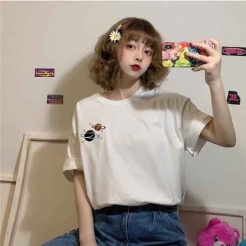 2021 Summer New Top Korean Version Of Harajuku White Loose Pullover Short-sleeved T-shirt Women Simple Em
