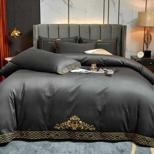 2021 Luxury Egypt Cotton Dark Grey Bedding Set Gold Embroidery Duvet Cover Flat Sheet Pillowcases 4Pcs
