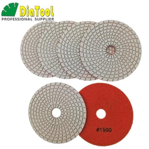DIATOOL 6pcs #1500 125MM Diamond Resin Bond Wet Polishing Pads For Granite&marble, White Bond No Color Fade, Stone Sanding Discs