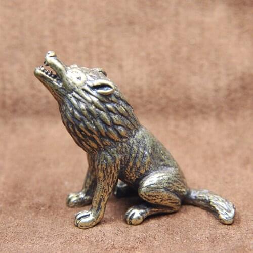 Antique Copper Wolf Miniatures Figurines Tea Pets Accessories Home Decors Retro Brass Animal Cup Cover Decoration Small Ornament
