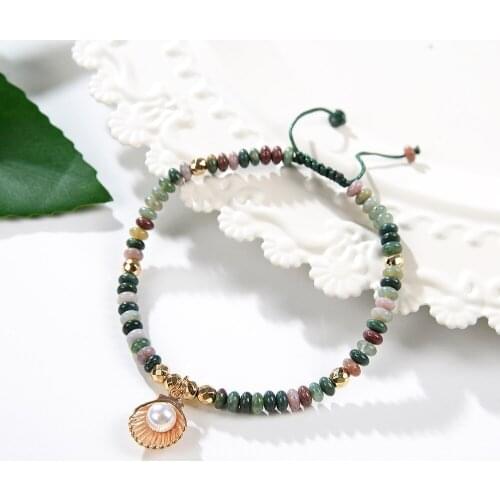 Natural Stone Indian Onyx Bracelet Charms Shell Shape Pendant Handmade Tassel Strand Bracelets for Women Agates Bangle 18cm B409