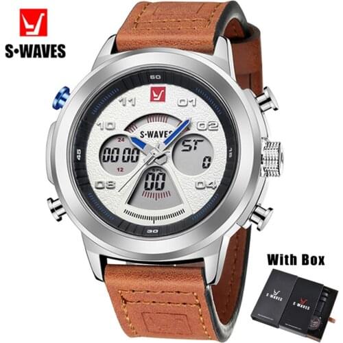 Brand SWAVES Watches Mens 2019 Leather Band LCD Dual Display Luxury Mens Watch With Box Water Resistant Quartz Relojes Hombre