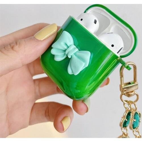 Grass Green Crystal Earphone Case For Apple AirPods1/2 Pro3 Earbuds Soft Silicone Cover Bluetooth Headset Box Key Chain Pendant