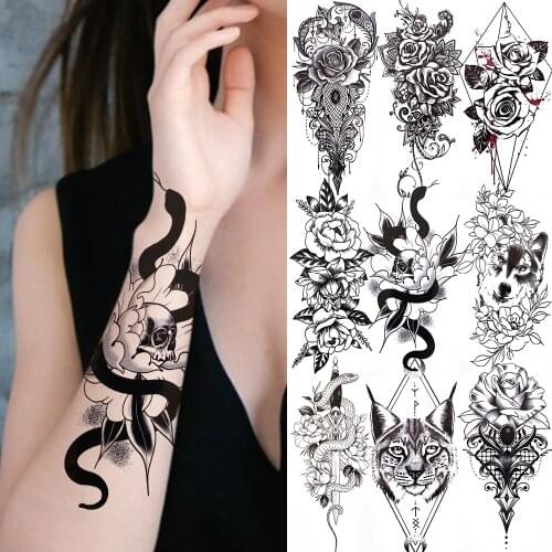 Black Snake Flower Temporaray Tattoo Fake Jewelry Cat Wolf Geometry Tattoo Sticker For Women Girl Adult Rose Peony Dahlia Tatoos