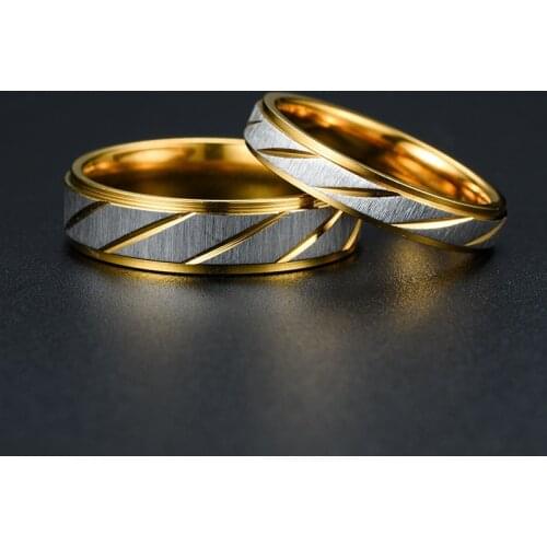 Fashion Couple Novel Golden Titanium Steel Ladder Flower Slash Couple Gold Ring Wedding Ring Set Gift