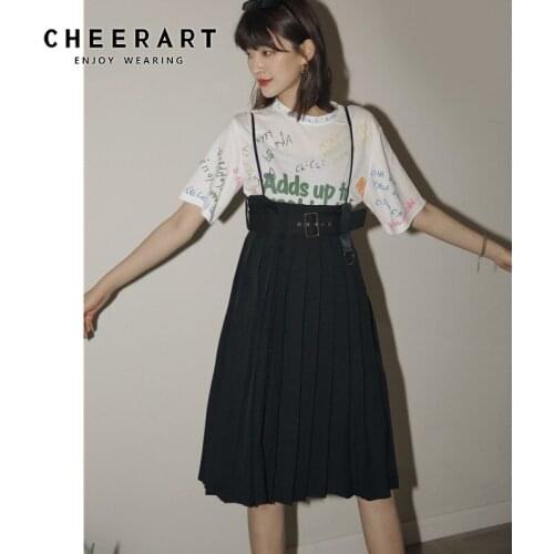 CHEERART Summer Pleated Suspender Dress Women Black Knee Length Spaghetti Strap Dress Casual Korean Fashion Clothing