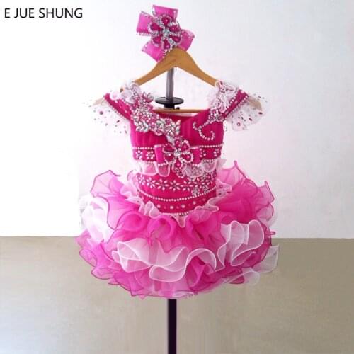 E JUE SHUNG Fuschia and White Organza Mini cupcake flower girl dresses pageant Girl Dresses infant toddler dresses