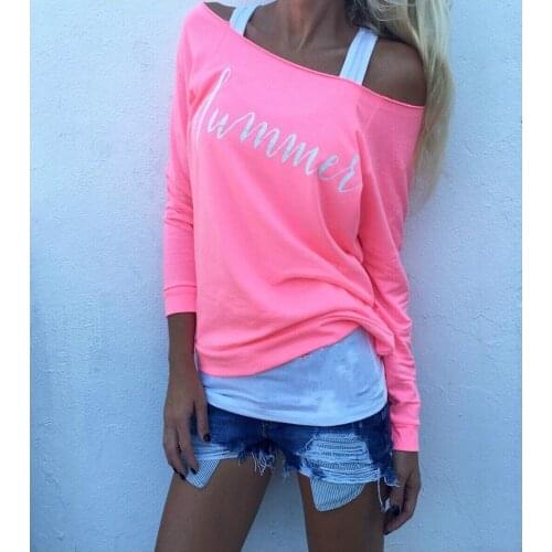 Fashion Women Off Shoulder Tops T-shirt New Pink Loose Top T Shirt Autumn Spring Casual Long Sleeve Casual Tee Camiseta de mujer