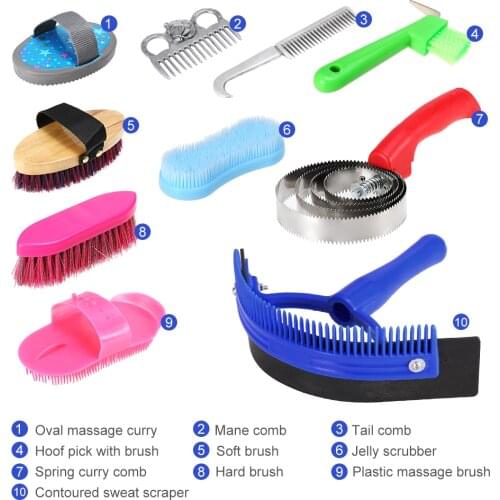 10-IN-1 Horse Grooming Tool Set Cleaning Kit Mane Tail Comb Massage Curry Brush Sweat Scraper Hoof Pick Curry Comb Scrubber