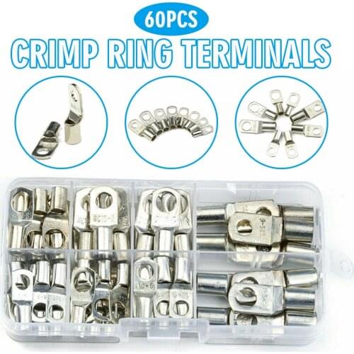 60pcs Battery Tinned Copper Cable Lugs Crimp Ring Terminals Wire Connectors Assorted Electrical Terminals Kit