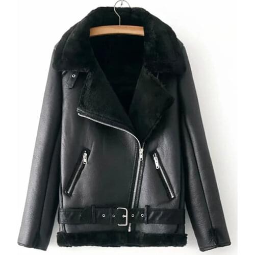 ZA New Retro Lapel Velvet Padded Fur One Coat Warm Fashion PU Leather Lamb Hair Motorcycle Clothing Bomber Keep Warm Jacket
