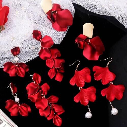 New Shiny Side New Fashion Brand Jewelry Red Rose Flower Long Dangle Earrings For Women Elegant Korean Tassel Earrings