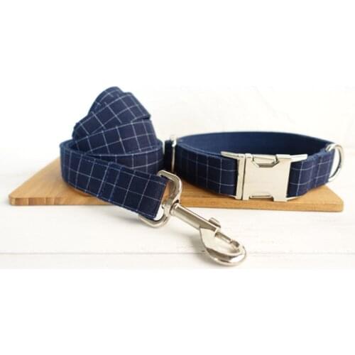 Customized Dog Collar Engraved Puppy ID Tag Leash Collar Set Adjustable Outdoor Plaid Pet Collar Leash Fabric Deep Blue PLAID