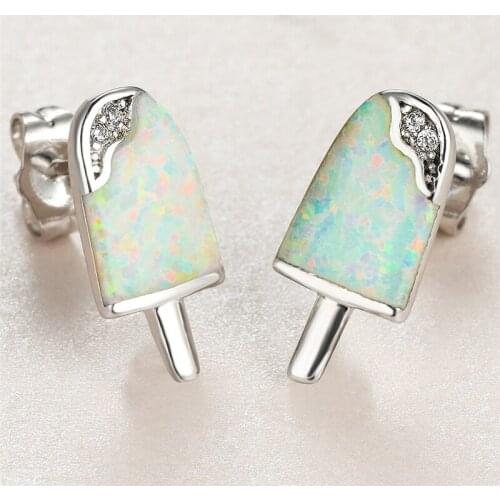 Cute Female Crystal Small Stud Earrings Classic Silver Color Wedding Earrings Trendy Ice Cream White Opal Earrings For Women