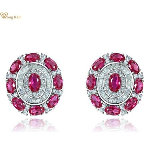 Wong Rain 925 Sterling Silver Oval Ruby Created Moissanite Gemstone Wedding Party Luxury Women Ear Stud Earrings Fine Jewelry