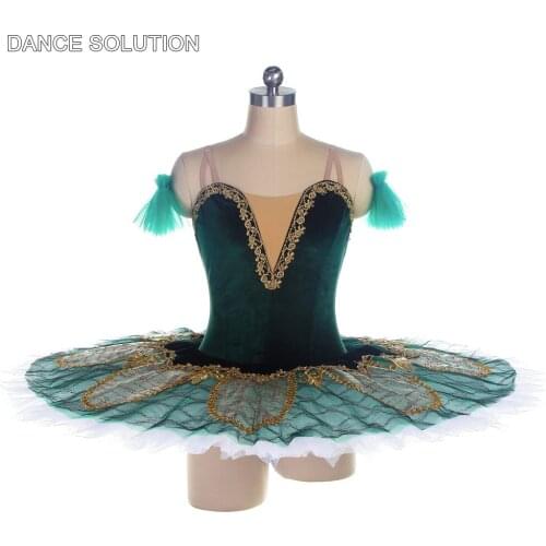 Green Velvet Bodice Ballet Pancake Tutu Skirt for Girls and Women Stiff Tulle Pre-Professional Ballet Tutus Solo Costume BLL444
