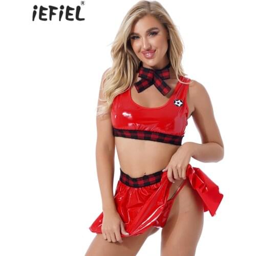 Womens Pole Dance Rave Outfits Patent Leather Sleeveless Round Neckline Crop Tops Elastic Waistband Skirt With Bow Tie And Thong