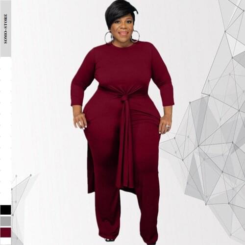 Plus Size 2 Piece Set Women 4xl 5xl Fashion Round Collar X-long Tops Pocket Solid Color Casual Pants Sets Wholesale Dropshipping