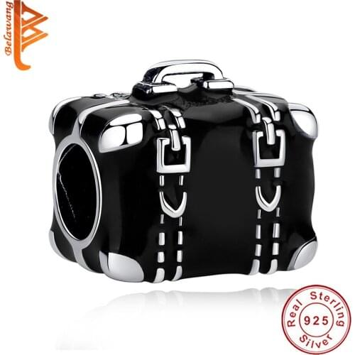 New Fashion Real 925 Sterling Silver Black Enamel Suitcase Bag Beads for Jewelry Making Women Girl Travel Birthday Jewelry Gift