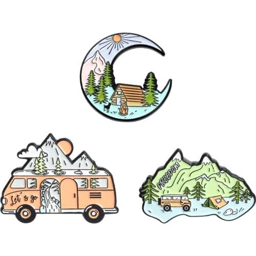 Adventure Hard Enamel Pins Collecting Mountain Bus Houses Moon Metal Cartoon Brooch Explorer Lapel Badges Fashion Jewelry Gifts