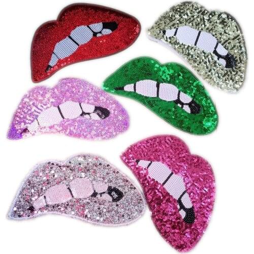 2PC LIPS Beading Sequined Patch Big Motif Applique Mouth Sew/Iron on Patches for Clothing Accessories Sequined Stickers 6 Colors