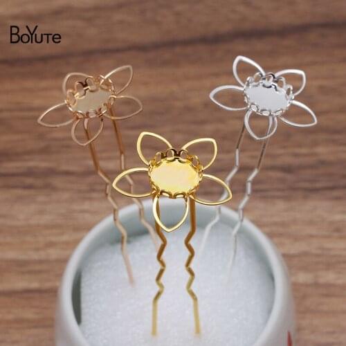 BoYuTe (10 Pieces/Lot) Fit 10MM Cabochon Stone Flower Hair Fork Blank Hairpins Base Diy Handmade Hair Accessories Wholesale