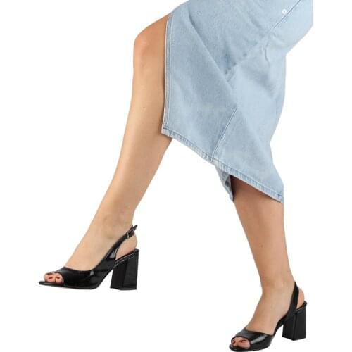 Modabuymus Black Japanned Leather Open toe Thick Heels Shoes-Kika