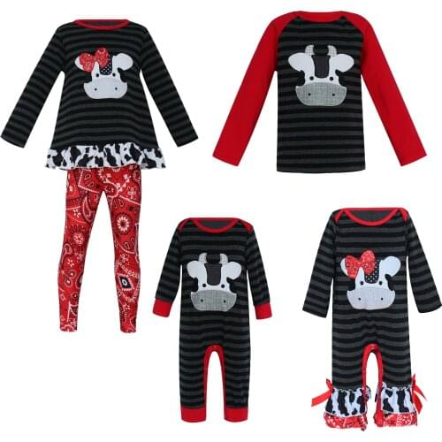 Girlymax Baby Girls Boys Top T-shirt Farm Stripe Cow Romper Pants Set Boutique Cotton Family Look Kids Clothing Match Accessory