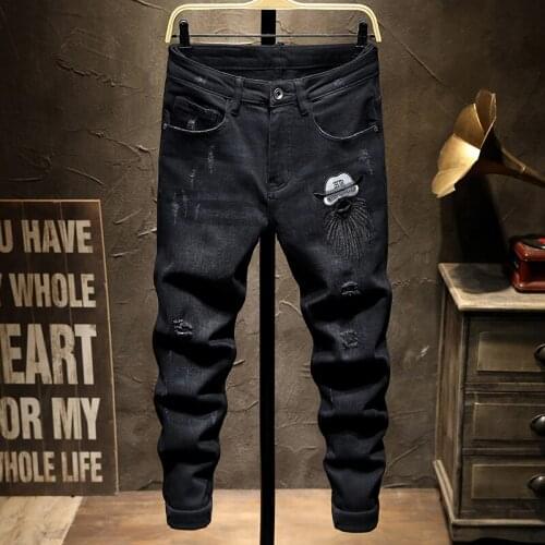 Embroidery Boutique European Men Brand Slim Jeans Denim Trousers Stretch Blue Patchwork Hole Pants Autumn and winter style man