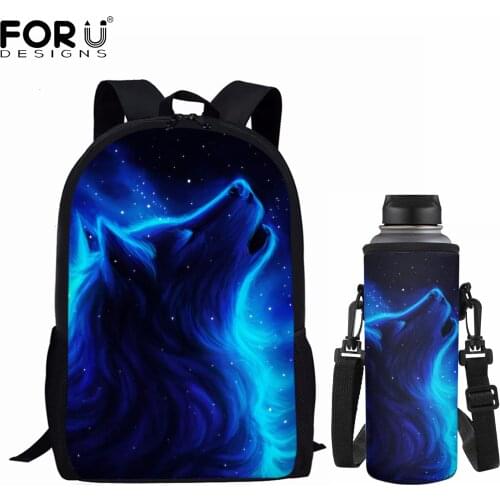 FORUDESIGNS 2pcs Set School Bags 3D Cool Blue Wolf Design Teen Boys Large Capacity Backpacks Cup Covers Bookbag Mochila Infantil