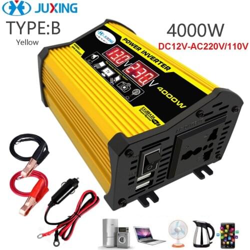 JUXING 4000W Power Inverter Converter With Dual Digital Display Transformer DC 12V to AC 110V/220V 2 USB Modified Sine Wave