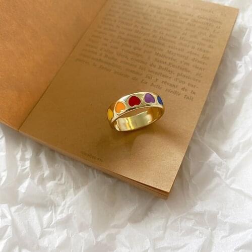 Vintage Bohemia Colorful Enamel Love Heart Ring Cute Simple Metal Gold Silver Color Rings for Women Punk Rock Jewelry