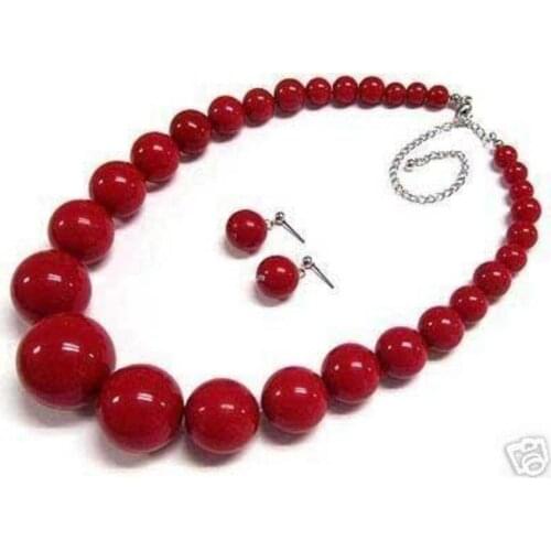 Beautiful 6-14mm Red Coral Round Beads Necklace Earring 18" Set