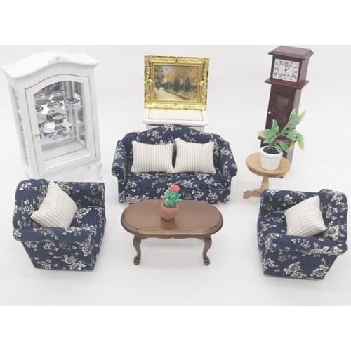 Dollhouse Small Floral Fabric Sofa Set With 4 Cushion Furniture Toy Novel Mini Sofa Furnitures Decoration Doll Accessories