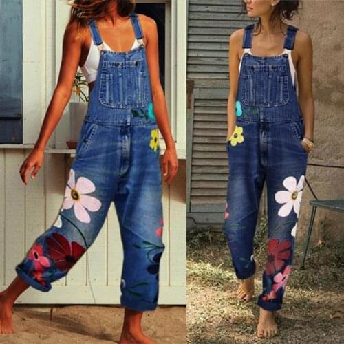 Summer Women Long Jumpsuits Fashion Flowers Printed Jeans Short Romper Casual Floral Pocket Playsuit Denim Overalls