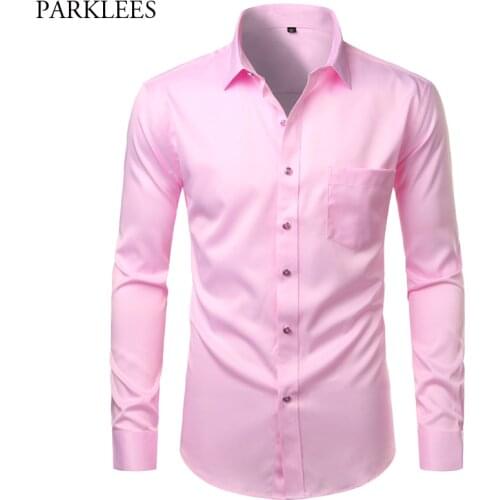Pink Mens Dress Shirts Long Sleeve Bamboo Fiber Button Down Shirt Men Casual Slim Fit Non Iron Easy Care Wrinkle Free Shirt Male