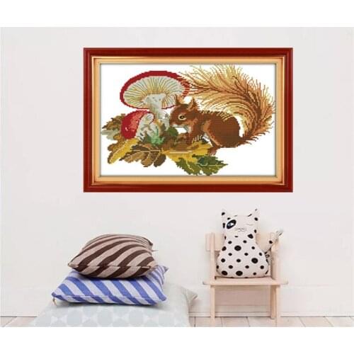 A squirreland mushrooms Cross Stitch Kits Printed Canvas DMC Counted printed Cross-stitch set Embroidery Needlework Kit DIY