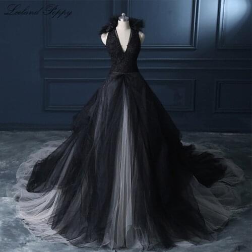 Lceland Poppy A-line Vintage Black Wedding Dresses Sleeveless V-neck Tulle Vestido de Noiva Appliques Floor Length Bridal Gowns