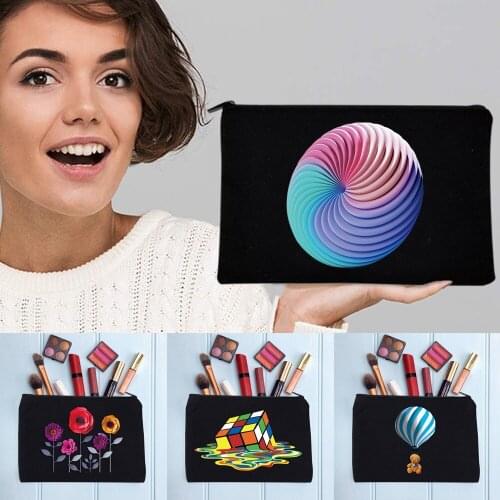 Portable Female Makeup Bag Womens Cosmetic Bag Zipper 3D Pattern Handbags Black School Pencil Cases Coin Purse