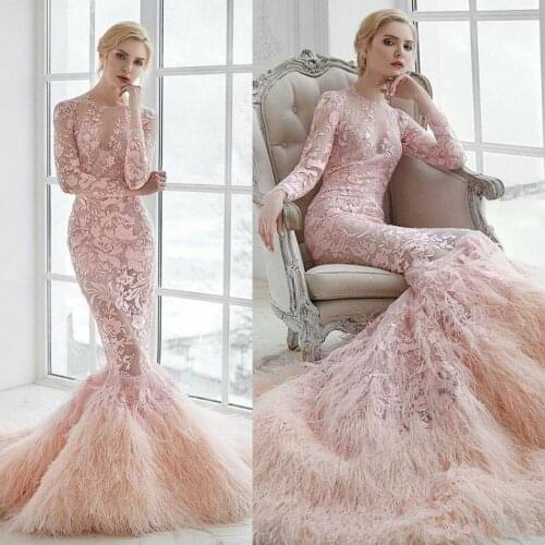 Luxury Pink Feather Mermaid Prom Dresses Long Sleeves Full Lace Sexy Dress Evening Wear Plus Size Custom Made