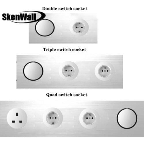 UK Socket EU Socket Triple Panel DIY Household Silver Aluminum Alloy Panel Switch Socket 90V-250V