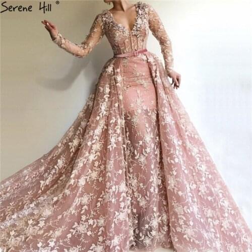 Serene Hill Dubai Pink Long Sleeves Tulle Evening Dress 2020 Handmade Flowers Romance V-Neck Sexy Evening Gown CLA60994