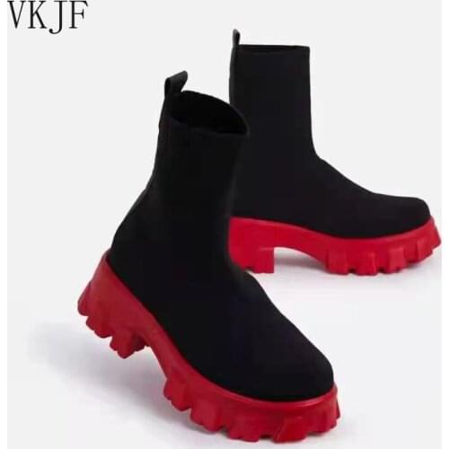 Ladies Autumn Socks Boots Woman Stretch Fabric Mid-Calf Casual Platform Shoes Knitted Short Boots Women Plus Size Boots New 2021