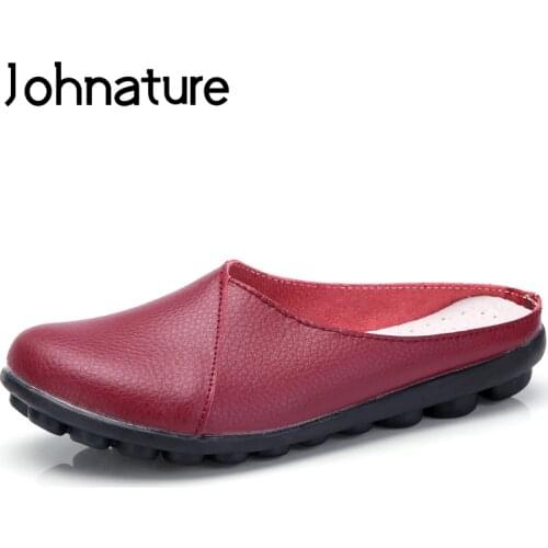 Johnature 2020 New Summer Outside Genuine Leather Comfortable Round Toe Solid Casual Sewing Woman Slippers Sandals Flats Slides