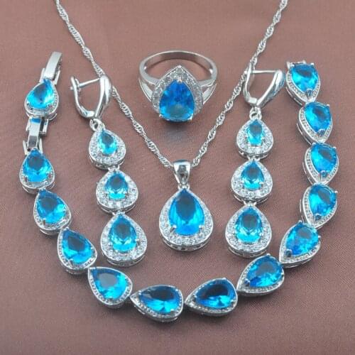 2020 New Silver Plated Jewelry Sets Womens Sky Blue Zirconia Water Drop Bracelet Necklace Pendant Earrings Ring YZ0182