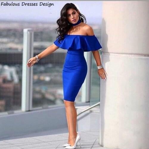Royal Blue Short Prom Dresses Mermaid Off Shoulder Knee Length Dress for Graduation Elegant Boat Neck Ruffles 2021 Rochii
