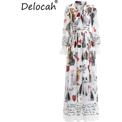 Delocah New Women Spring Dress Runway Fashion Long Sleeve Bow Tie Mesh Overlay Animal Printed Elegant Vintage Party Long Dresses