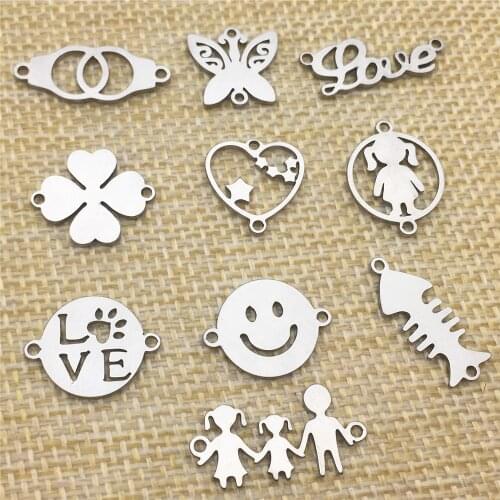 Mirror Polish 10pcs Stainless Steel Connectors Mix Charm Necklace Connector Clover Heart Love Diy Bracelet Jewelry Make Finding